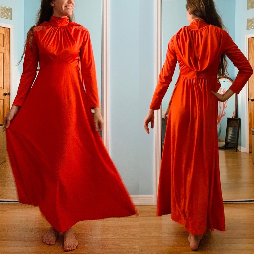 REPOSH // Hooded unique vintage maxi dress, orange not red